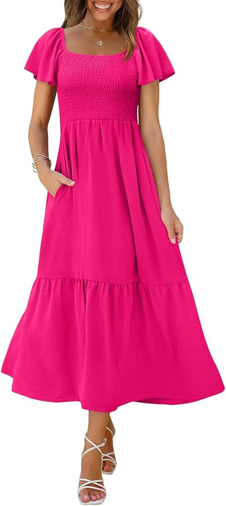 OFEEFAN Summer Dresses for Women Square Neck Ruffle Sleeve Smocked Maxi Dress with Pockets | Amazon (US)