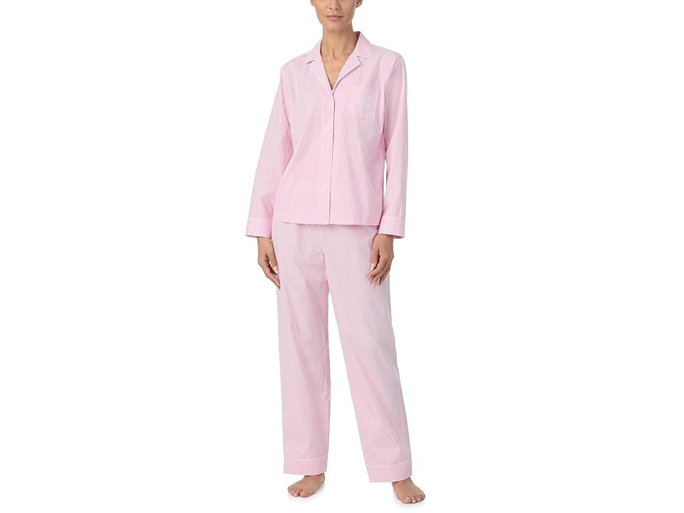 Lauren Ralph Lauren Cotton Woven Long Sleeve Notch Collar PJ Set Women's Pajama Sets Pink Stripe : XL (US 16-18) | Zappos