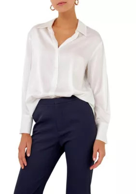 Endless Rose Women's Silky Button Up Top, White, Small | Belk