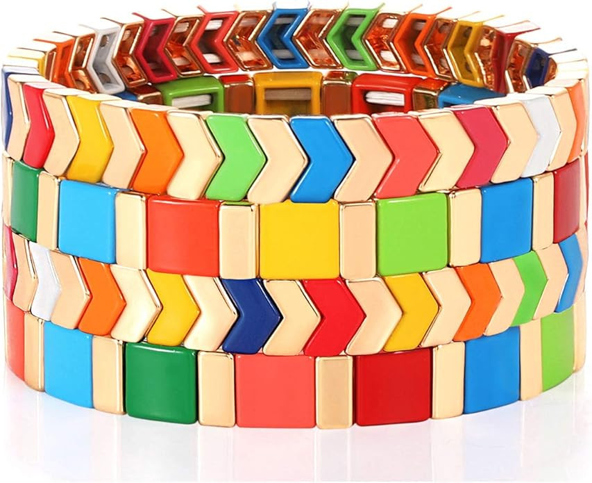 NVENF Tile Bracelets Enamel Rainbow Tile Bead Bracelets Colorblock Stackable Stretch Bracelets Bo... | Amazon (US)