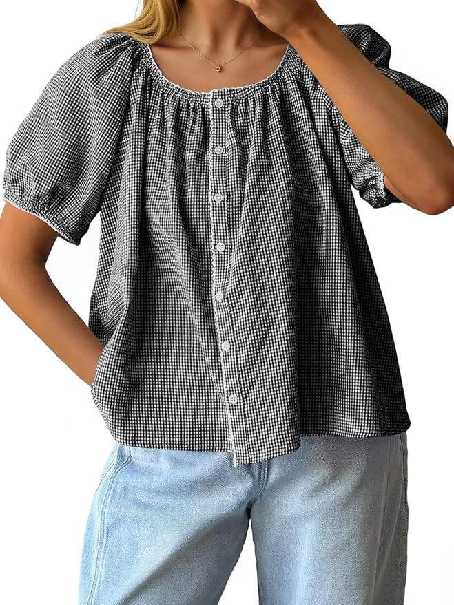 Tankaneo Womens Puff Sleeve Gingham Blouse Summer Plaid Crew Neck Cute Tops Trendy Casual Button ... | Amazon (US)