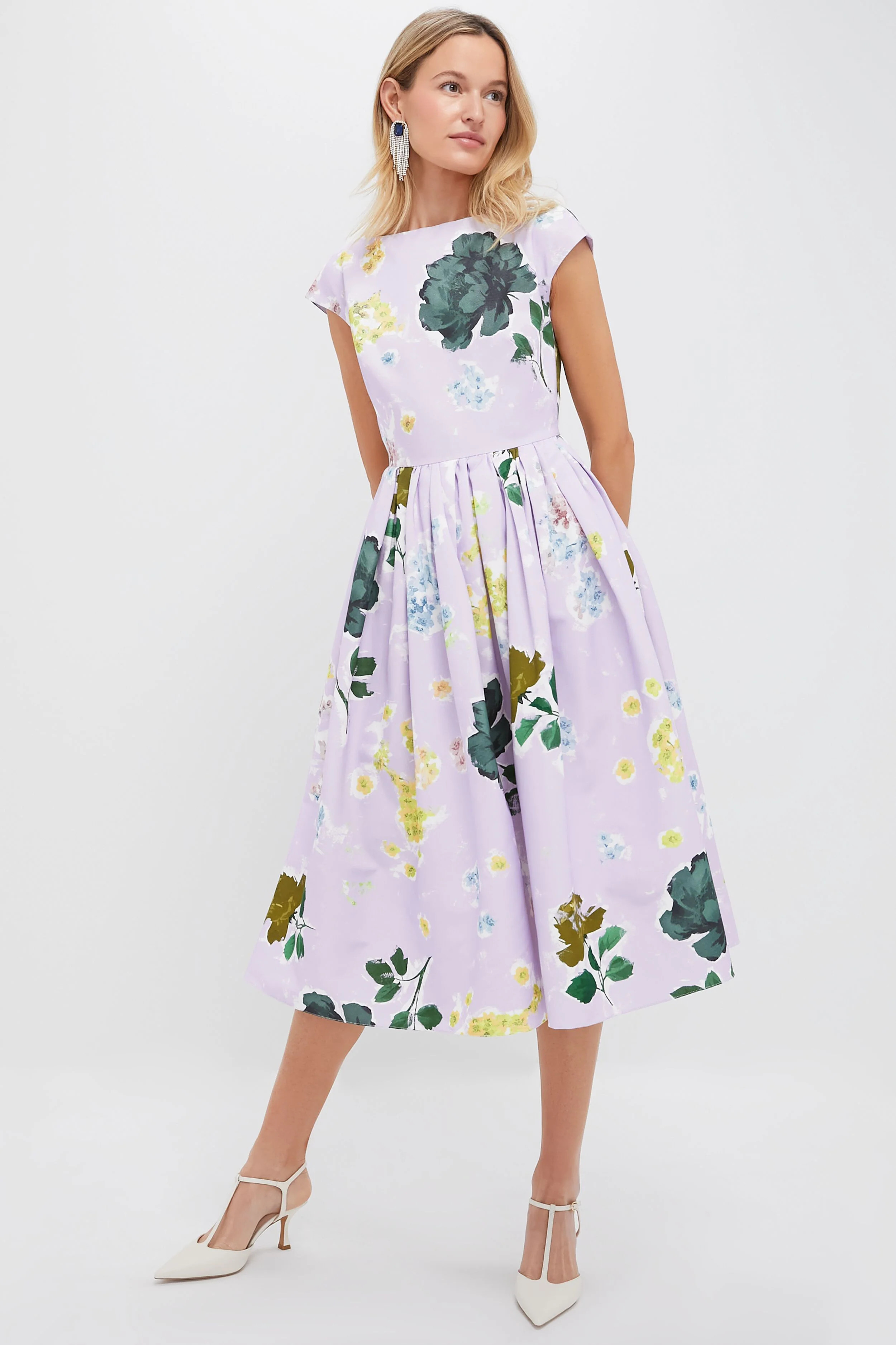 Margot Floral Lilac Boat Neck Full Skirt Midi Dress | Tuckernuck (US)