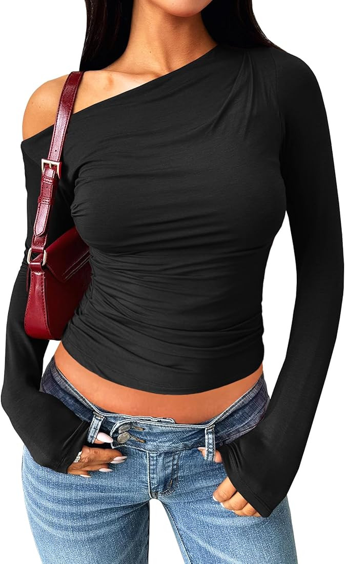 Navneet Women Off The Shoulder Tops Sexy One Shoulder Top Y2k Long Sleeve Bardot Tops Going Out B... | Amazon (UK)