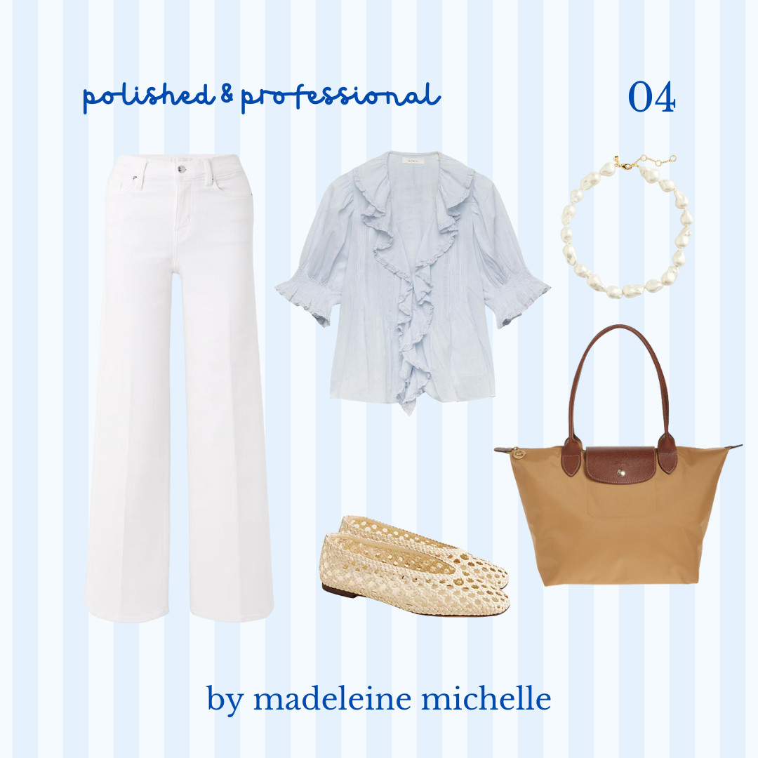 the college class outfit guide | polished & professional! doen top, white jeans, woven flats, longchamp bag, classy outfit, coastal vibes, blue and white outfit, business casual 

 #LTKSeasonal #LTKStyleTip #LTKItBag