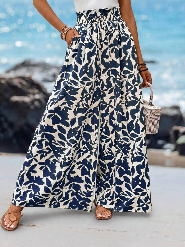 Sylviya Pantalones holgados de verano románticos para mujer con amplia impresión de plantas, ci... | SHEIN