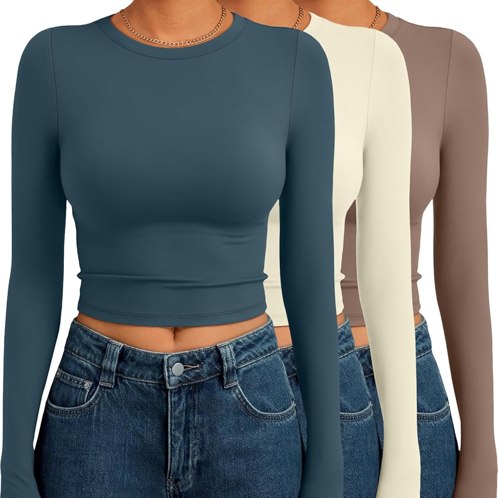 AUTOMET 3 Pack Womens Long Sleeve Shirts Y2K Going Out Crop Tops Cute Basic Slim Fitted Fall Fash... | Amazon (US)