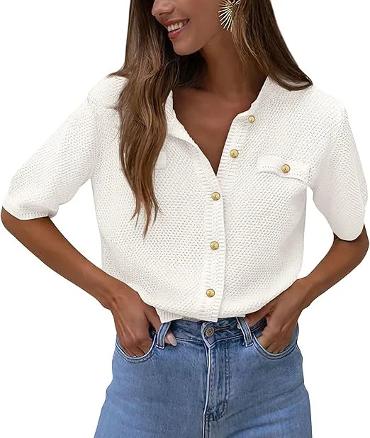 PRETTYGARDEN Women's Summer Button Down Shirts Casual Short Sleeve Crew Neck Ribbed Knit Blouse T... | Walmart (US)