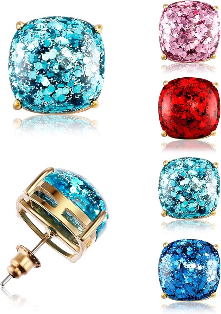 4 Pairs Square Studs Multi-Glitter Stud Earrings Small Sequin Cushion Post Back Statement Studs for  | Amazon (US)