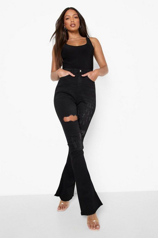 Tall High Rise Ripped Stretch Flare Jeans | Boohoo.com (US & CA)