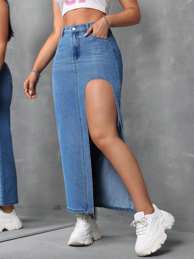 SHEIN Tall Women's Denim Skirt Casual Side Slit Blue Midi Skirt Fall Women Clothes Women Bottoms ... | SHEIN