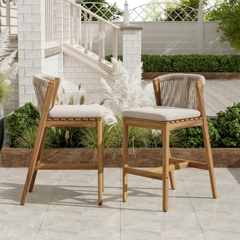 Christopher Knight Home 28" Outdoor Wood Bar Stool with Woven Rope Backrest and Removable Cushion... | Walmart (US)