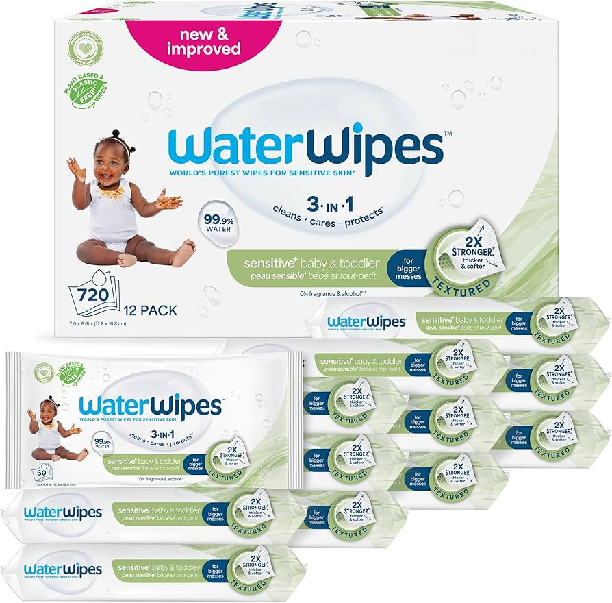 WaterWipes Sensitive+ Baby & Toddler Wipes, 3-In-1 Cleans, Cares, Protects, 99.9% Water, Textured... | Amazon (US)