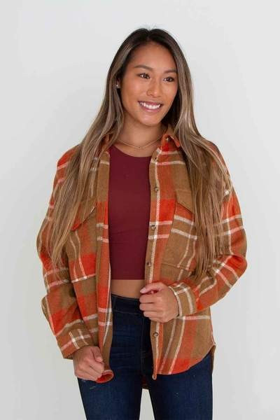 ACOA Clothing Buffalo Plaid Shacket for Women in Burnt Orange | Glik's