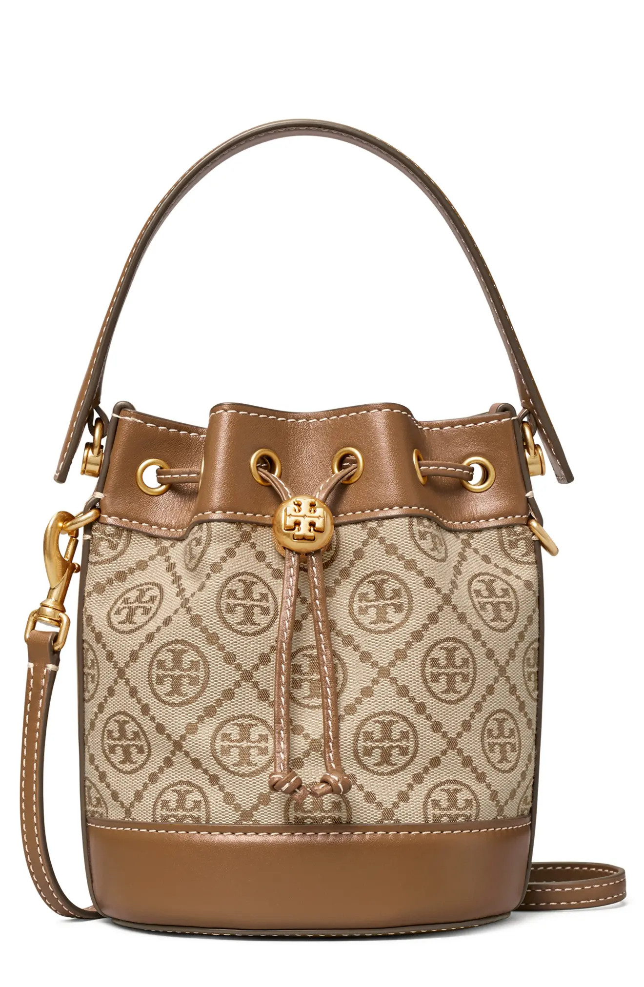 Tory Burch Mini T Monogram Jacquard Bucket Bag in Hazelnut at Nordstrom | Nordstrom