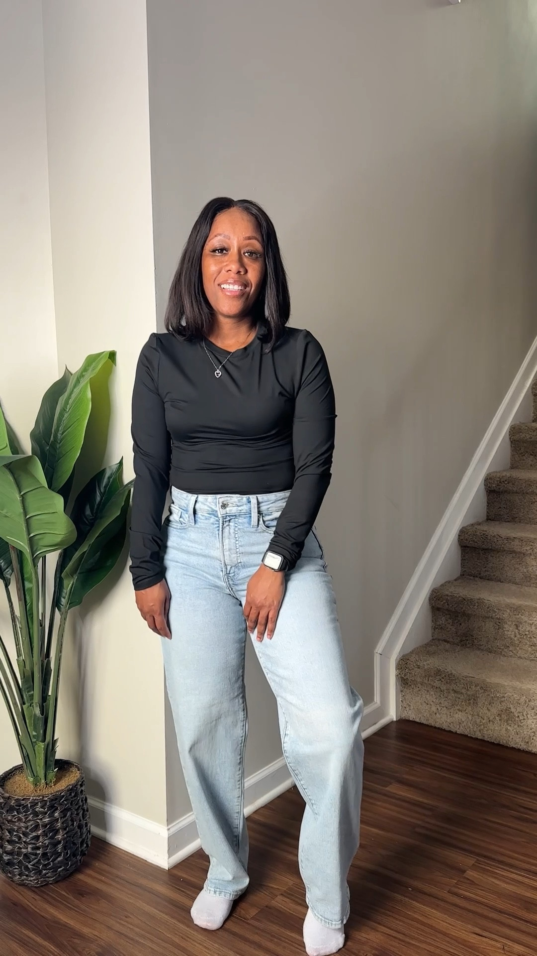 Black long sleeve shirt with light washed high waisted jeans

#LTKootd #LTKOver40 #LTKFindsUnder50