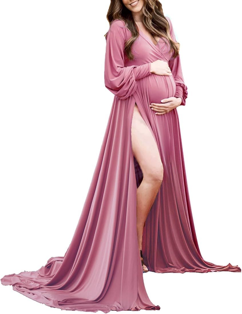 Maternity Gown Bishop Sleeves Baby Shower Dress Wrap Side Slit Sweetheart Maxi Photo Shoot for Ph... | Amazon (US)