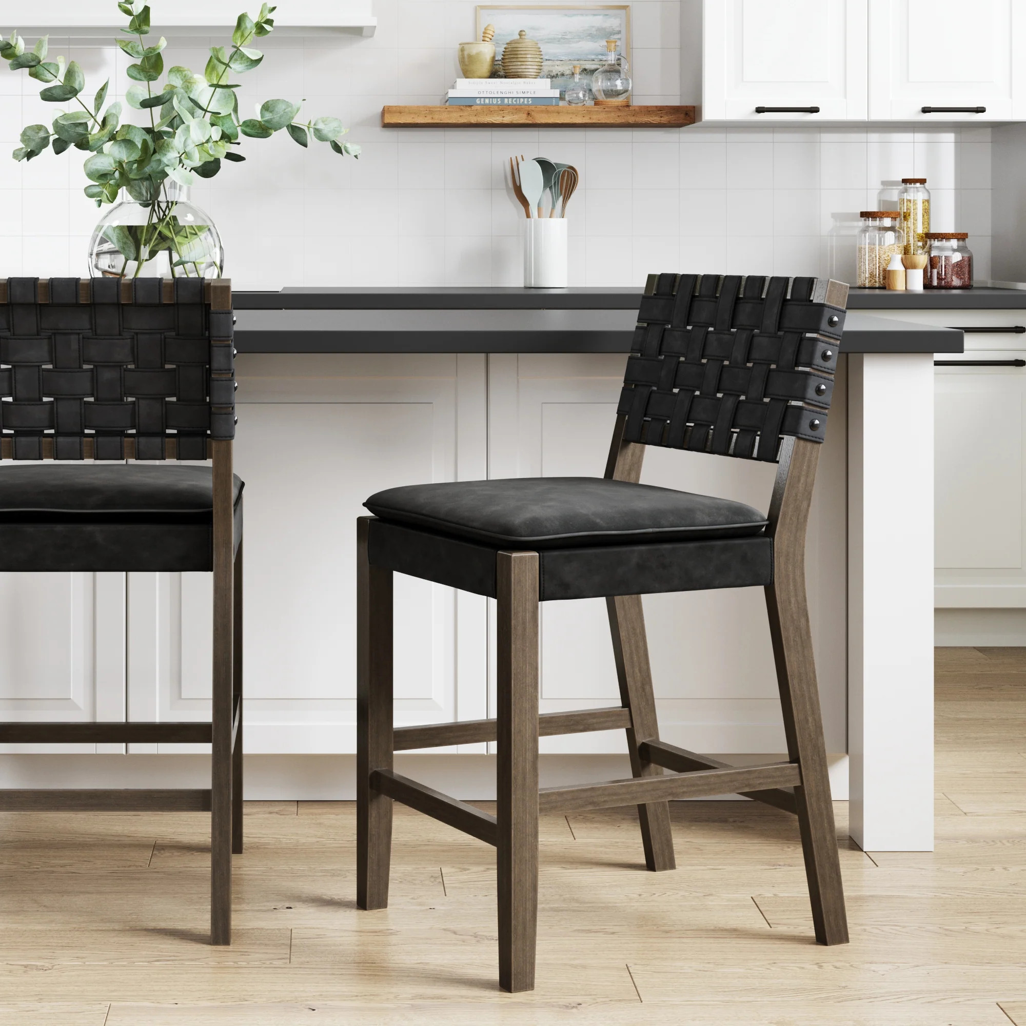 Woven Faux Leather Counter Bar Stool Black | Nathan James