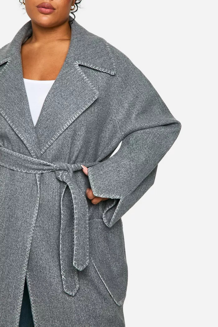Plus Contrast Stitch Belted Wool Look Coat | boohoo (US & Canada)