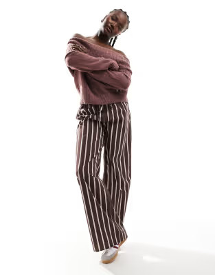 ASOS DESIGN poplin wide leg dad pants in chocolate stripe | ASOS (Global)