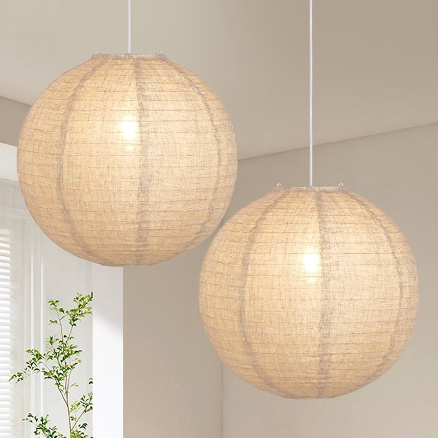 2PCS Large White Linen Globe Lanterns Pendant Lights, 16" Boho Beige Fabric Hanging Lamps for Bed... | Amazon (US)