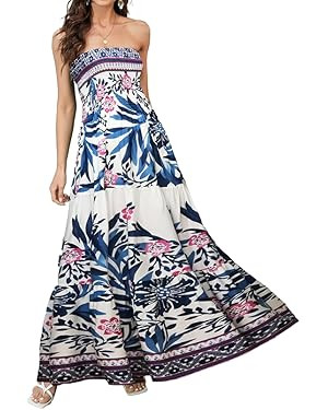 Women Strapless A Line Maxi Dress Tube Top Backless Casual Summer Dress | Amazon (US)