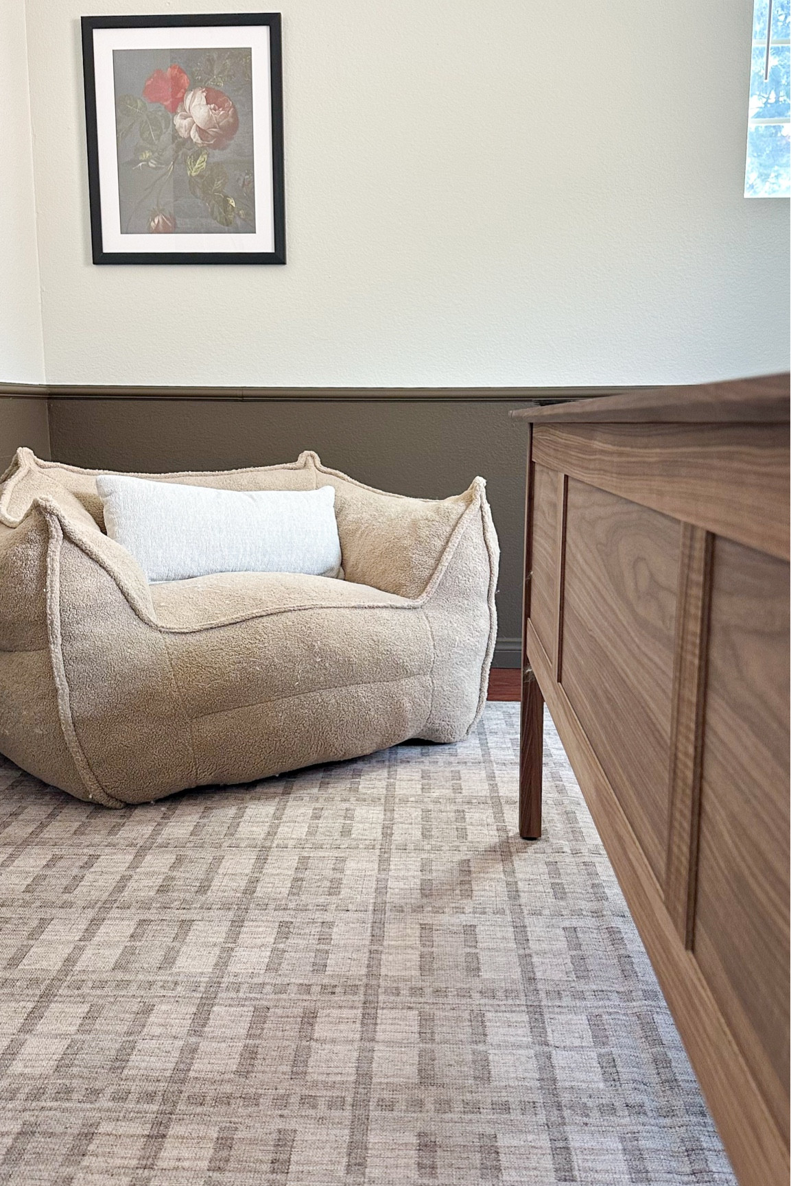 Rug is a machine washable, Tumble Rug style ‘Lino’ in the color sand/brown. Wall color is Van Dyke Brown by Sherwin Williams

#LTKHome