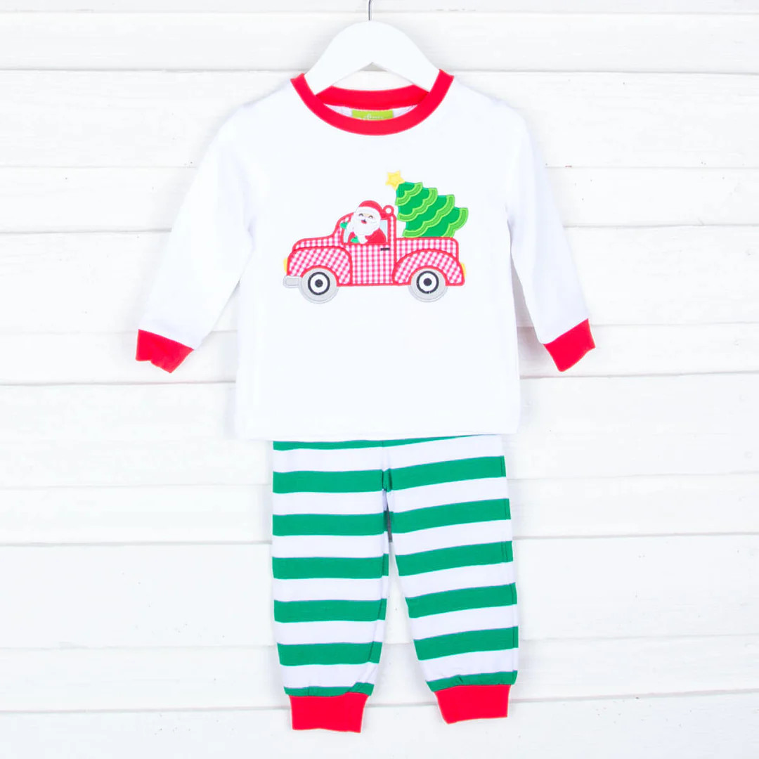 Winter Truck Green Stripe Pajamas | Classic Whimsy