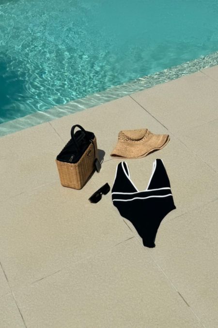 Black and white swimsuit, beach hat, beach bag, sunglasses 

#LTKeurope #LTKSeasonal #LTKswim