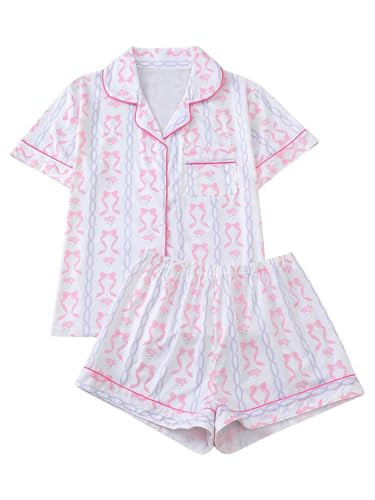 RoseSeek Women's Bow Pajamas Sets Short Sleeve Button Down Pajamas Y2k Preppy Cute PJ Set Sleepwear Bow White L | Amazon (US)