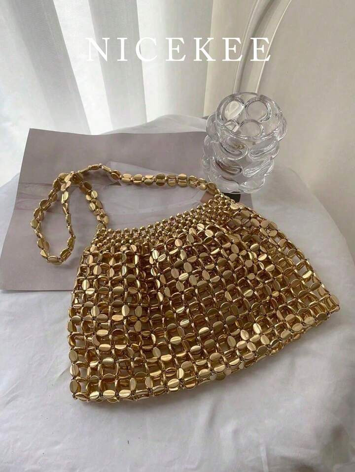Glamorous, Elegant, Exquisite, Quiet Luxury Sequin, Stylish, Luxury, Shiny Metallic Hollow Out Beaded Gold Shoulder Evening Bag For Party Girl, Woman, Bride Perfect For Party, Wedding, Prom, Dinner/Banquet | SHEIN