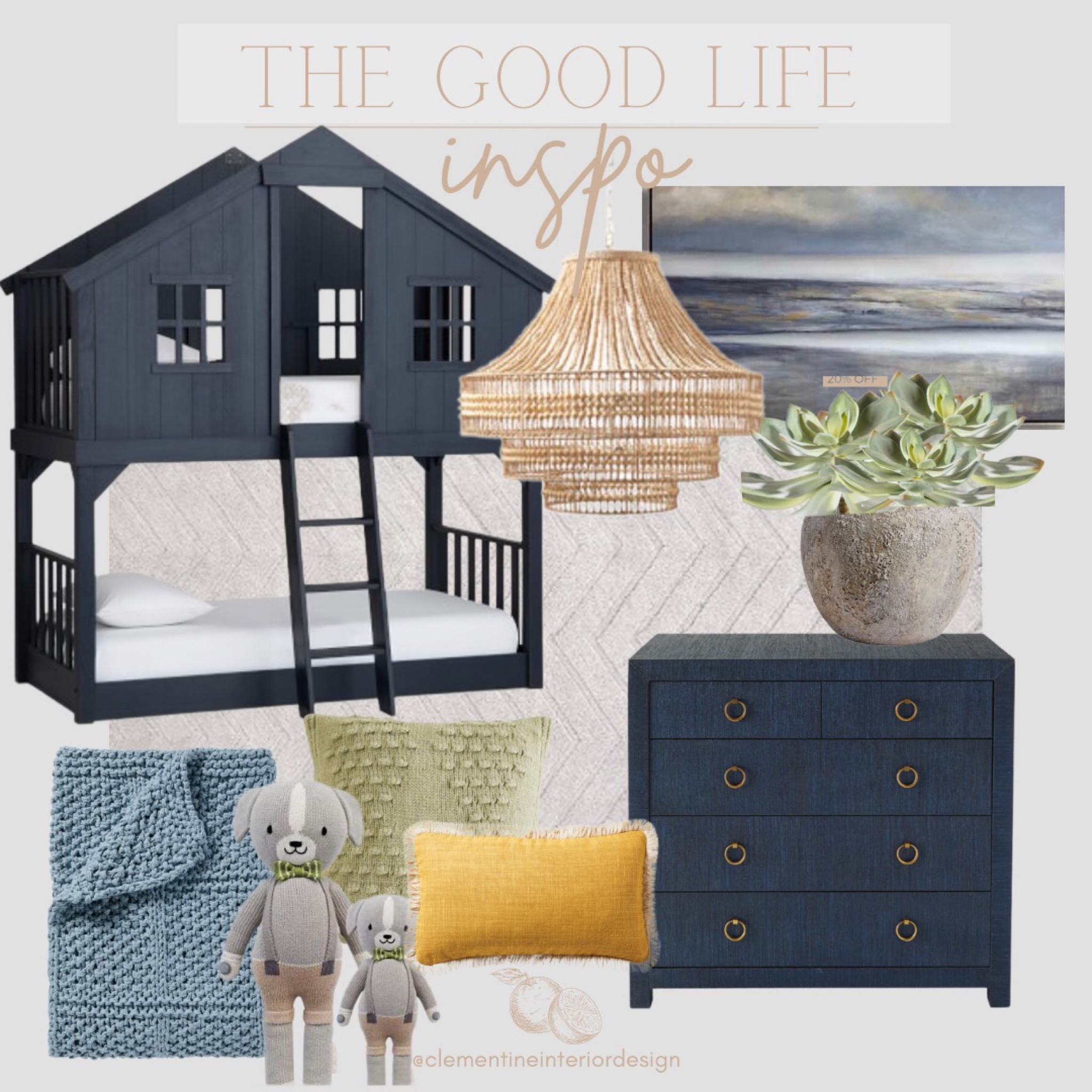 Feels like the good life ✨

Kids room design, house bunk bed, navy blue dresser, wall art, blue cotton knit throw blanket, cuddle and kind doll, basket chandelier, succulent, planter, throw pillows, gray chevron rug

#LTKbaby #LTKhome #LTKkids