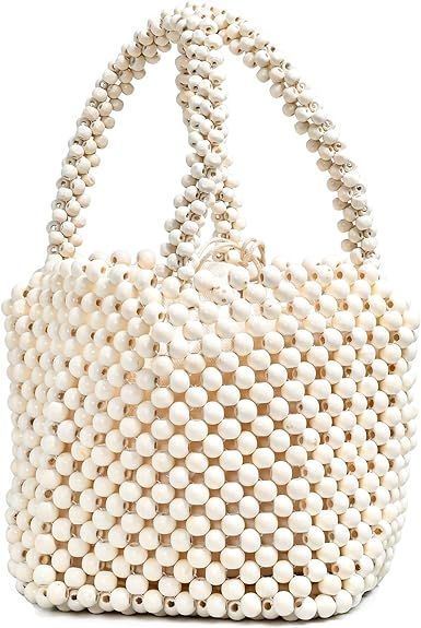 Women Girls Retro Wood Beaded Handbag Ladies Natural Handmade Drawstring Bucket Shoulder Bags Par... | Amazon (US)