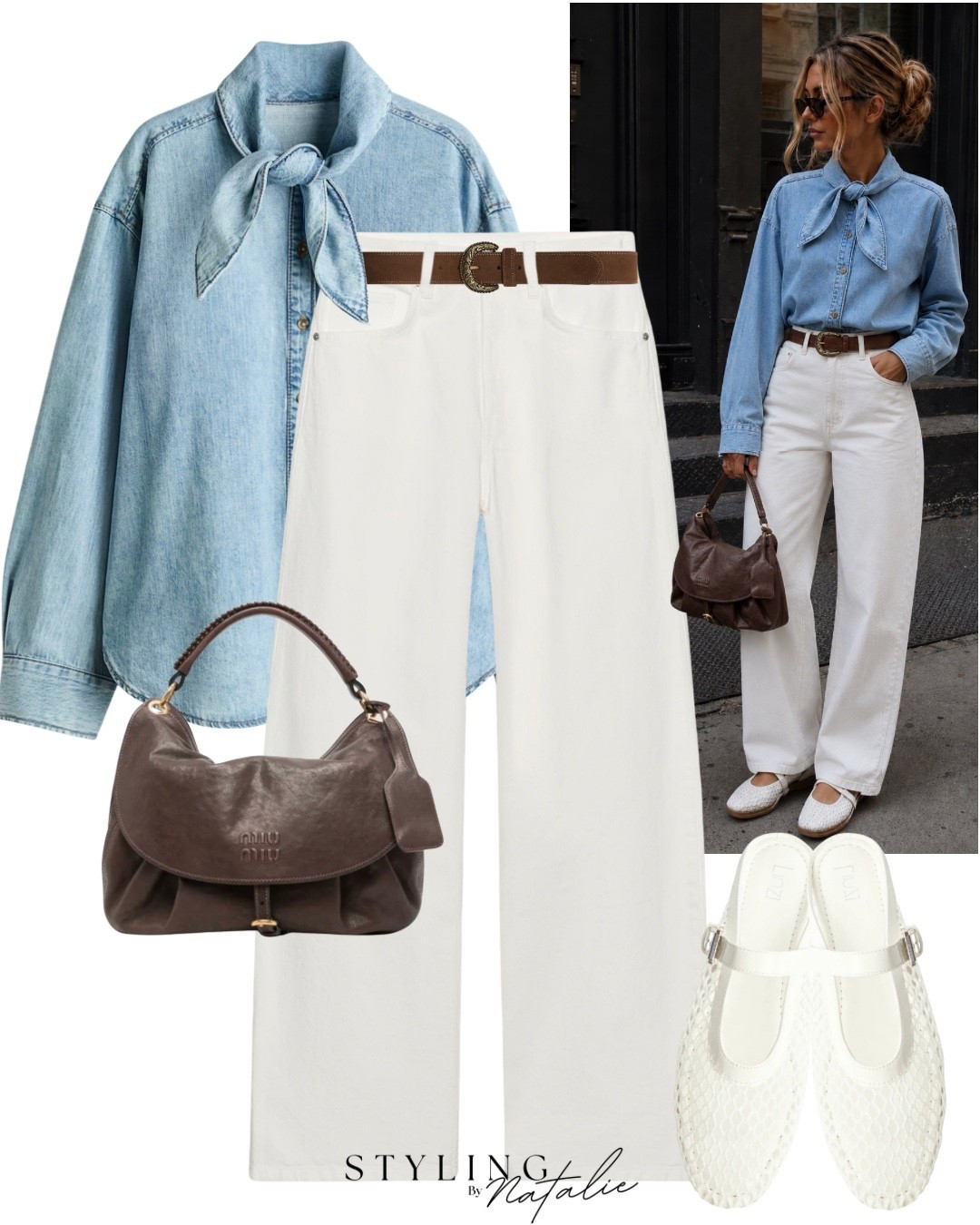Denim outfit, light wash denim shirt with tie neck, white denim jeans, brown Miu Miu bag and white slip on mesh ballet flats 
Everyday, casual chic, summer, transitional style @linzi

#LTKuk #LTKFashionMonth #LTKeurope