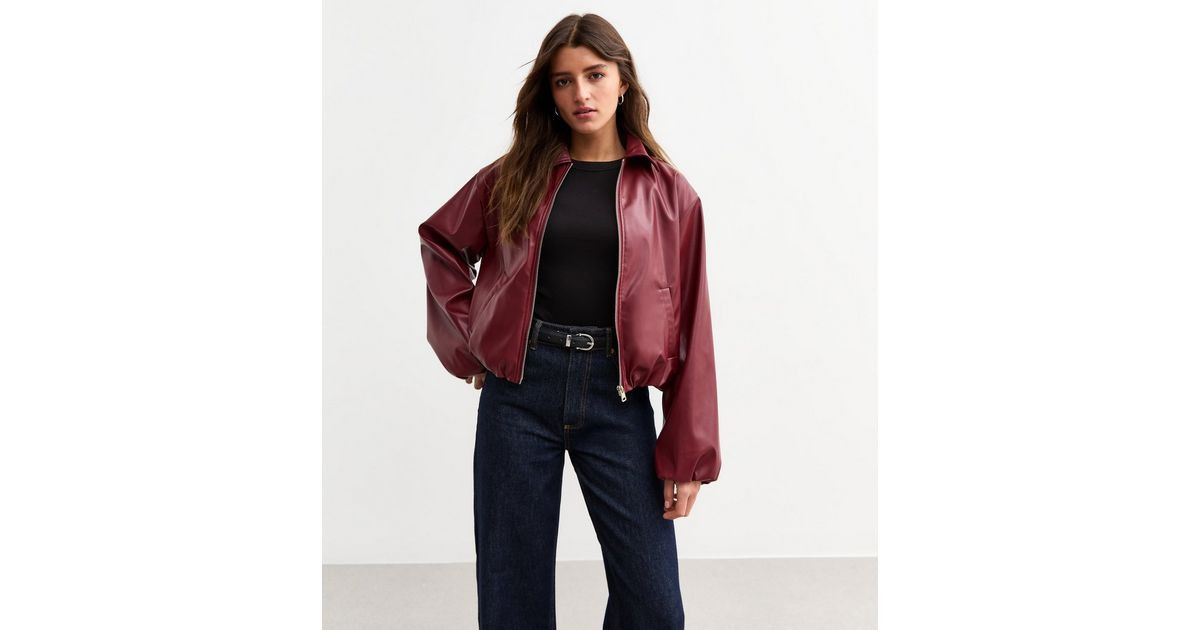Burgundy Faux Leather Bubble Hem Bomber Jacket | New Look | New Look (UK)