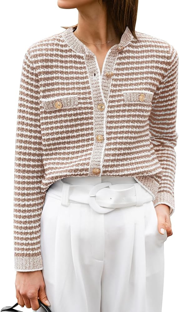 ANRABESS Women's Striped Cardigan Sweaters Casual Long Sleeve Open Front Button Down Knit Cropped... | Amazon (US)