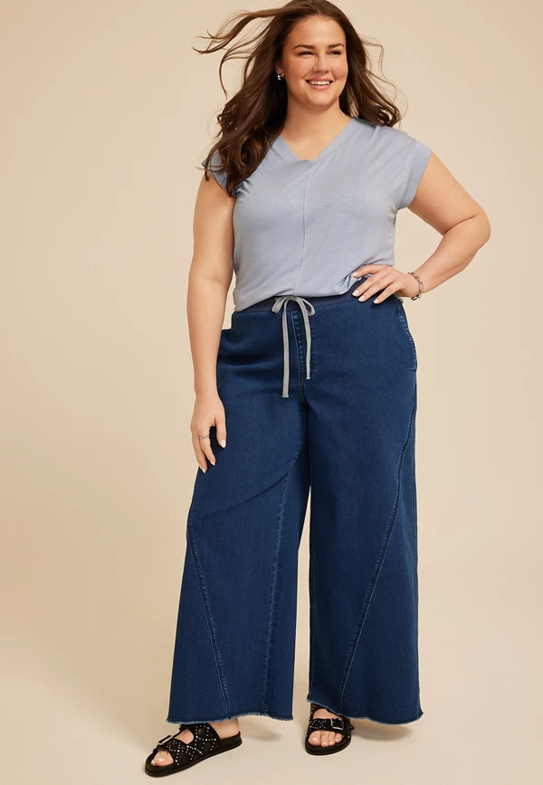 Plus Size Dark Knit Seamed Pull On Wide Leg Jean | Maurices