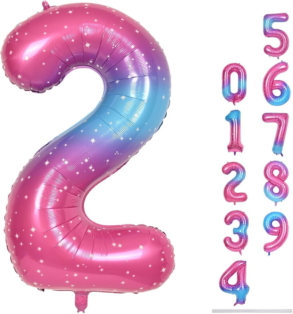 Gradient Blue Pink 2 Balloons, 40 Inch Giant Helium Foil Number 0-9 Rainbow 2th Birthday Balloon ... | Amazon (US)