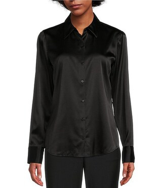 Yana Button Front Point Collar Long Sleeve Stretch Silk Charmeuse Blouse | Dillard's