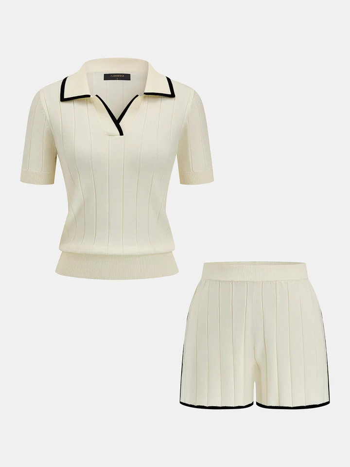 Contrast Trim Rib Knit Two Piece Shorts Set | Commense