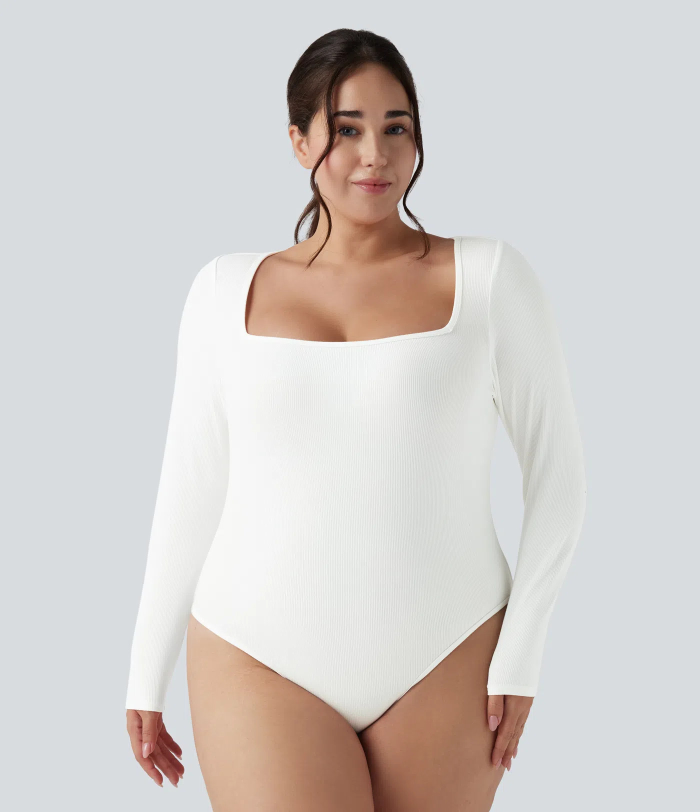 Women’s Ribbed Knit Square Neck Long Sleeve Skinny Casual Plus Size Bodysuit - Halara | HALARA