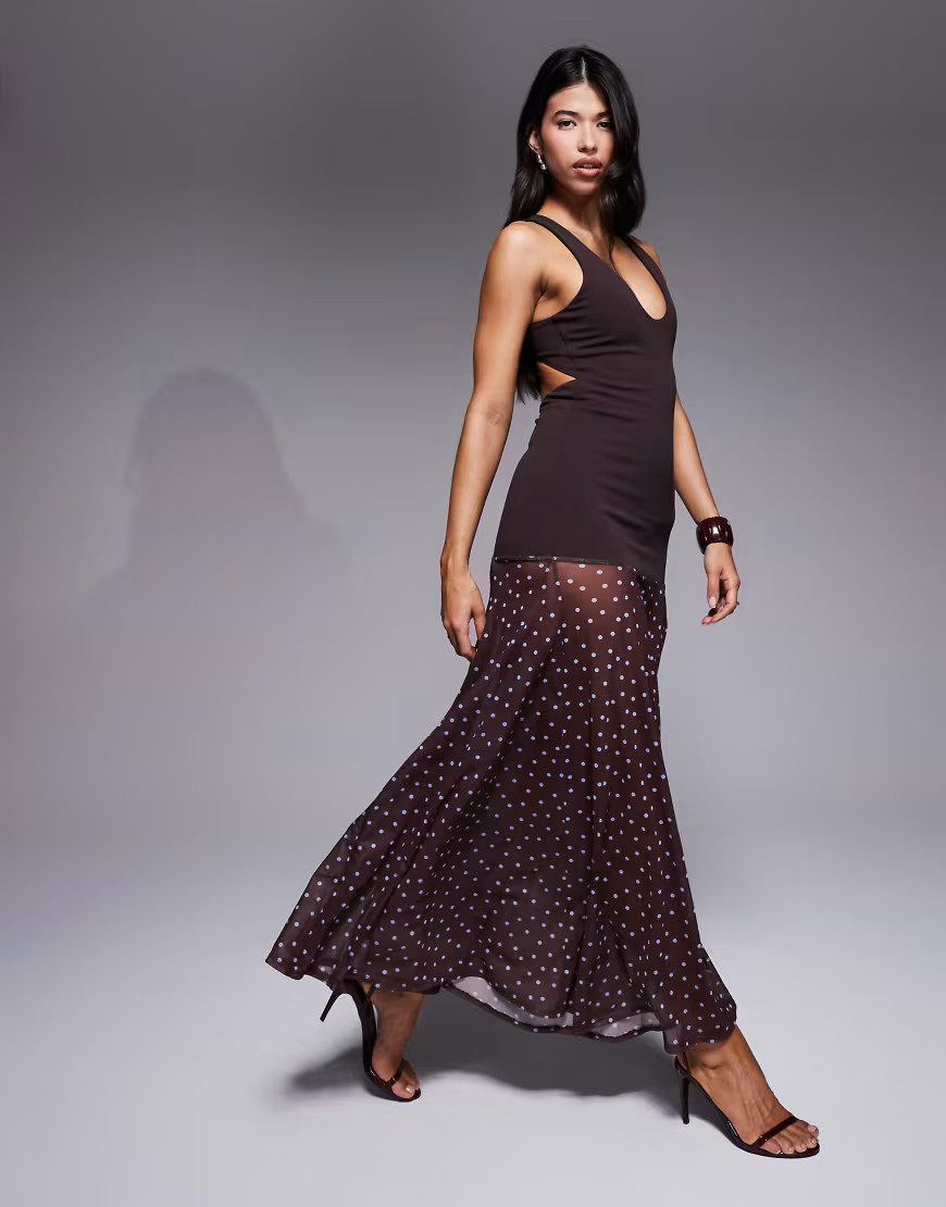 ASOS DESIGN crepe maxi dress with sheer skirt in polkadot in scuba-style fabric-Multi | ASOS (Global)