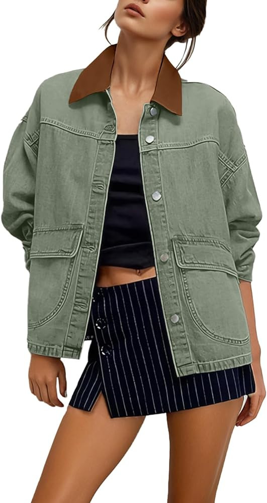 EVALESS Jean Jacket Women Trendy Color Block Denim Jacket Oversized Long Sleeve Button Down Barn ... | Amazon (US)