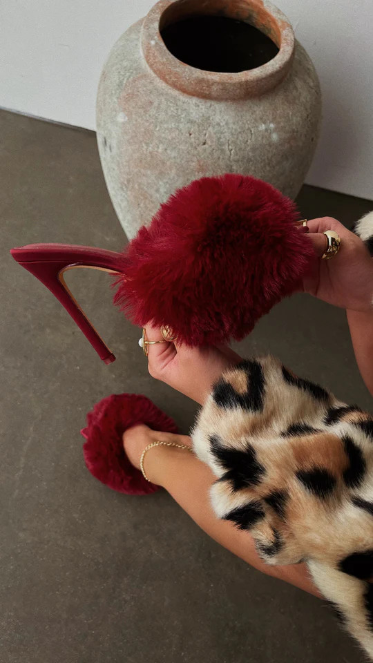 Miss Lola | Cherie Cherry Faux Fur High Heel Mules | MISS LOLA