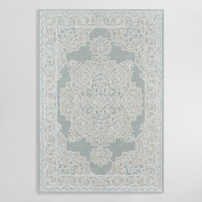 Light Blue Medallion Tufted Wool Blend Wren Area Rug | World Market