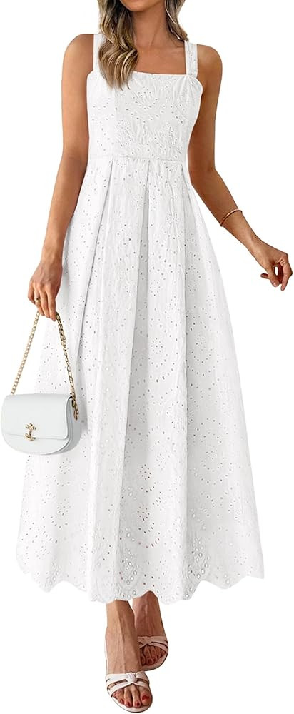 PRETTYGARDEN Womens Sleeveless Maxi Summer Dresses 2026 Hollow Out Eyelet Square Neck Ruffle Flow... | Amazon (US)