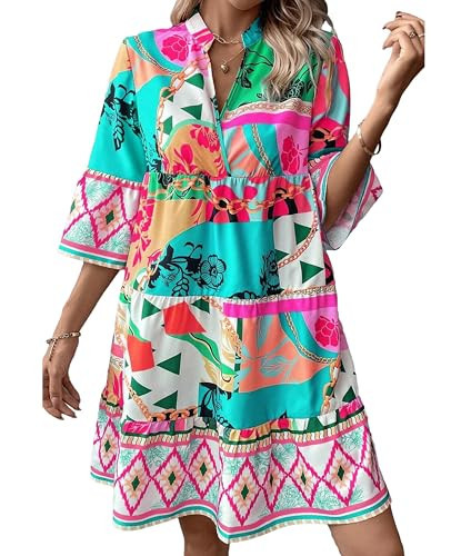SELINK Womens Long Sleeve Dresses Casual V Neck Tribal Print Button Flowy Boho Mini Beach Dress Multicolour-L | Amazon (US)