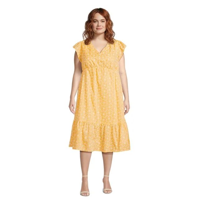 Time and Tru Women's Floral Eyelet Dress with Flutter Sleeves, Sizes XS-4X | Walmart (US)