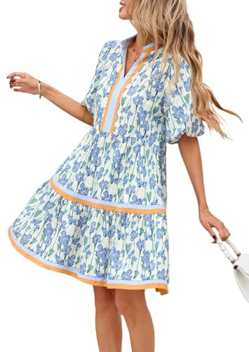 Womens Puff Sleeve Floral Babydoll Dress V Neck Striped Color Block Tiered Mini Dresses Black | Amazon (US)