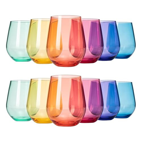 European Style Plastic Crystal Unbreakable Stemless Wine Glasses | Set of 12 | Acrylic Glasses Tritan Bright Color Shatterproof BPA-free, Outdoor, Pool, Indoor, Hand Wash 15oz Gift, Everyday & Holiday | Amazon (US)