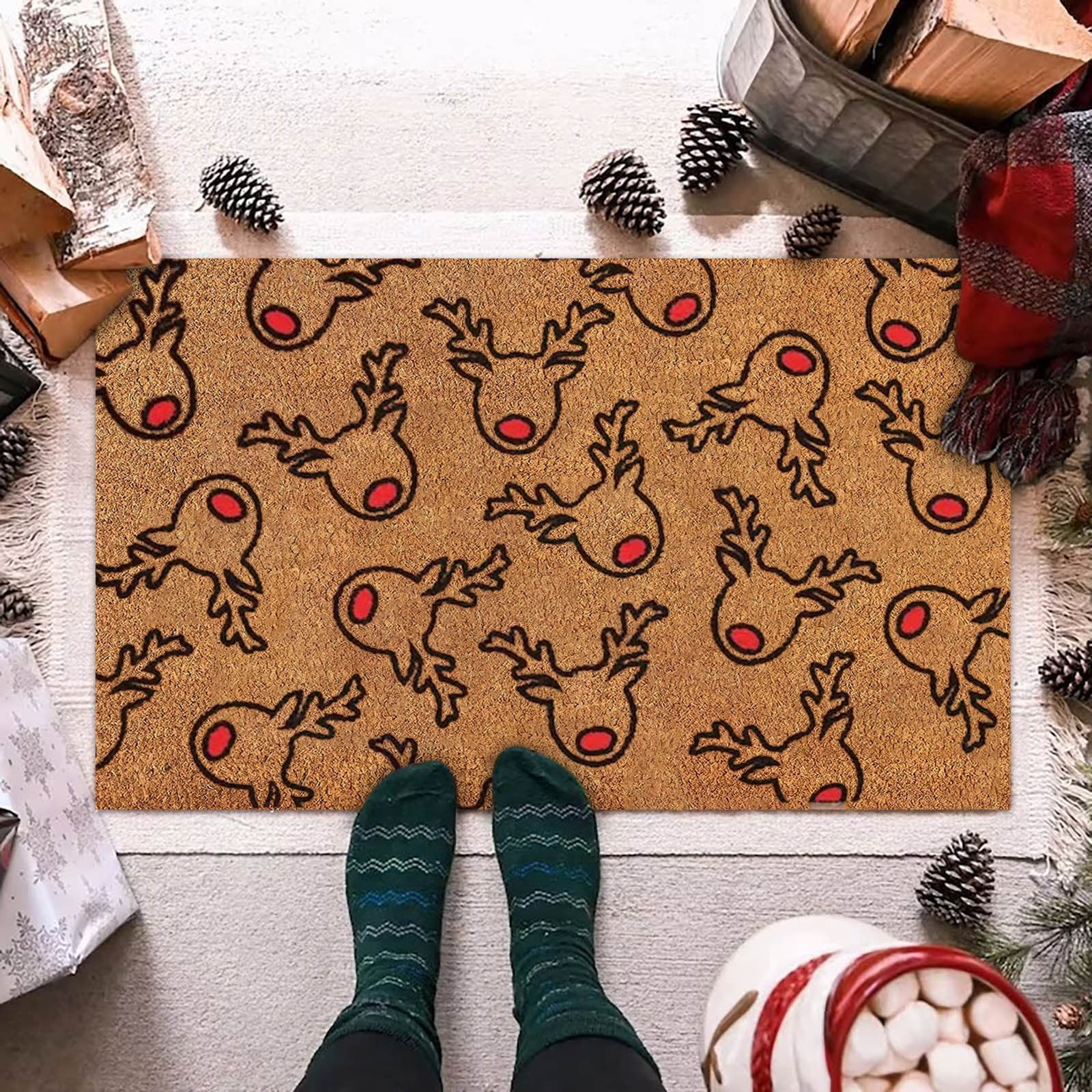 Indoor Doormat Christmas Floral Welcome Cane Christmas Tree Light String Deer Door Mat Floor Mat | Walmart (US)